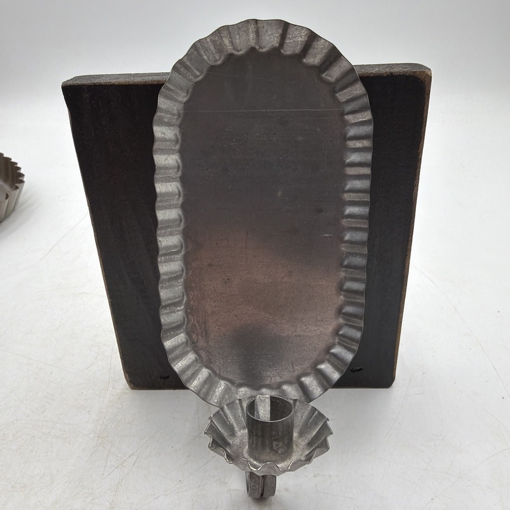 Vintage Tin Oval Reflector Crimped Wall Sconce Candle Holder Prim Folk Decor